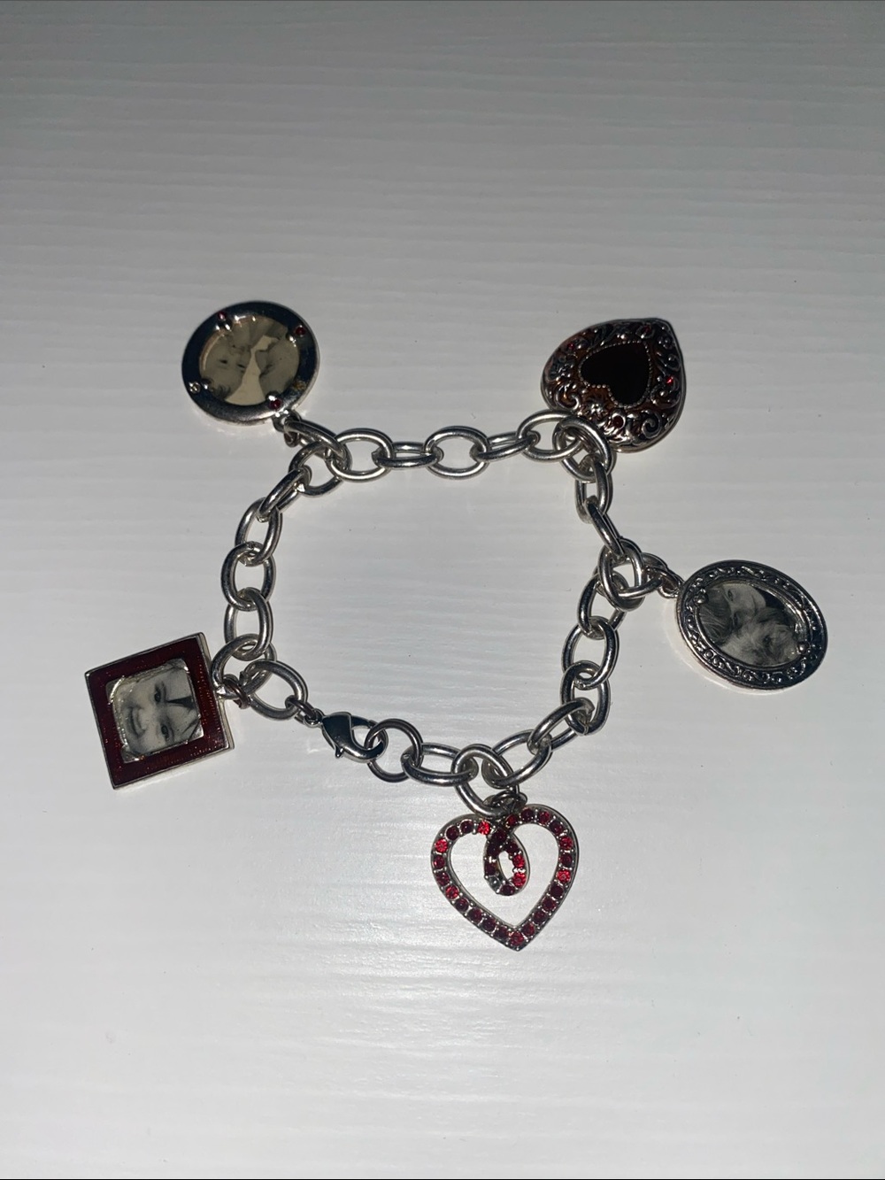 Silver-tone Heart Charm Photo Bracelet with Red Accents